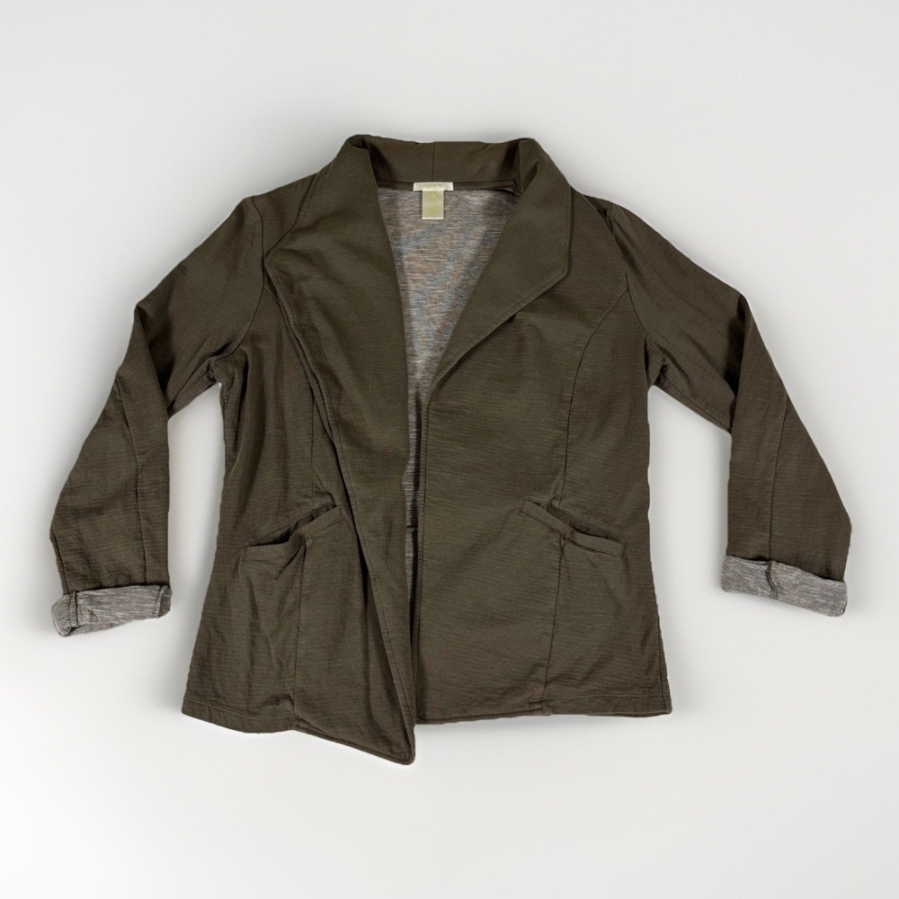 Matty M Blazer Jacket Women Large Olive Green Cotton Slub Knit Open Front Preppy